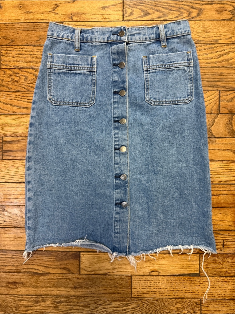 BDG Button Up Distressed Denim Skirt